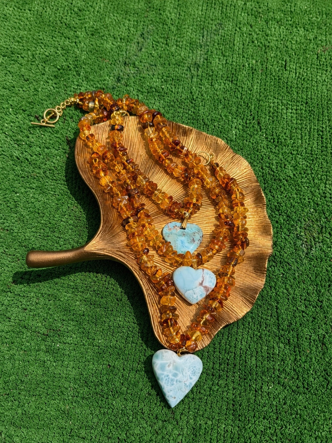 Amber and larimar necklaces 🩵🧡