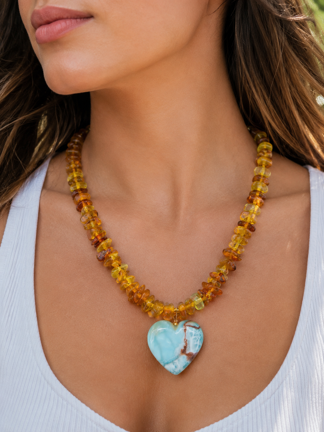 Amber and larimar necklaces 🩵🧡